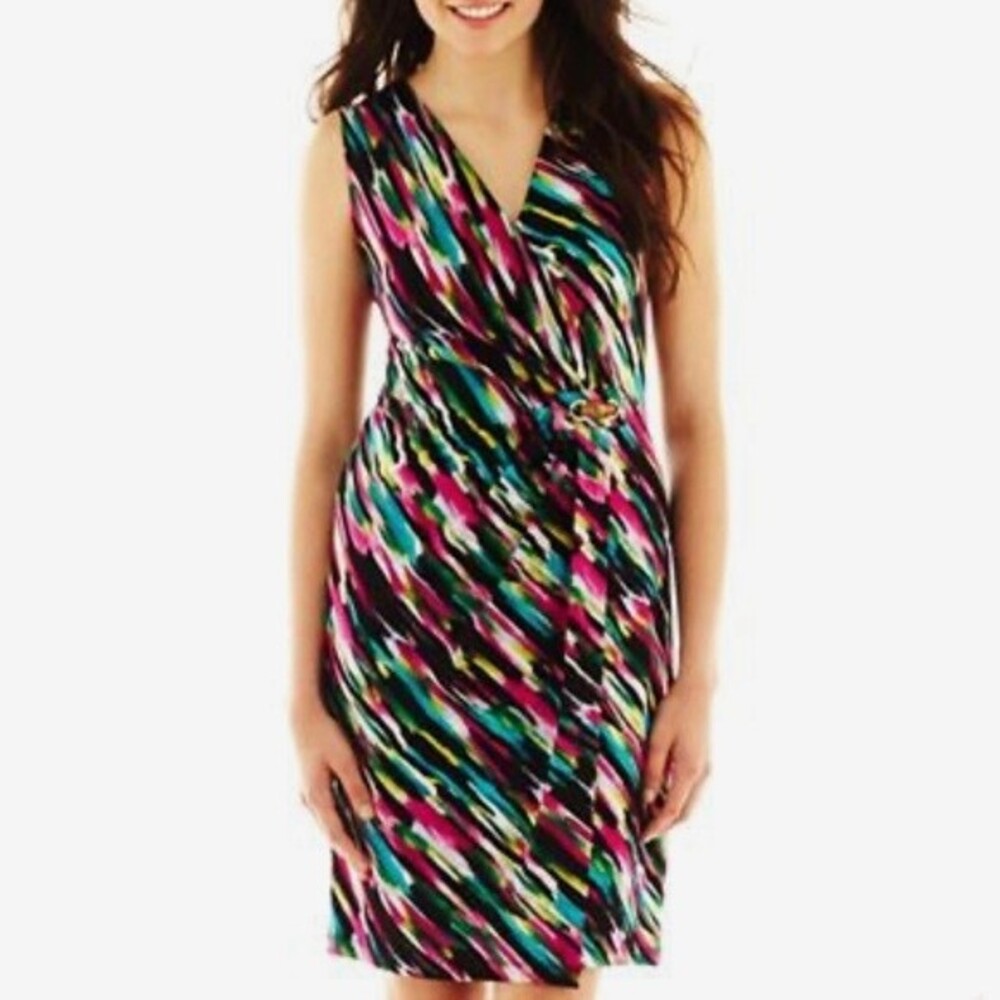Amanda Lane colorful bamboo faux wrap dress size petite large NWOT